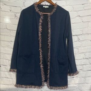 Jade Melody Tam Navy Blue Fringe Trim Open Front Cardigan Jacket Size Large